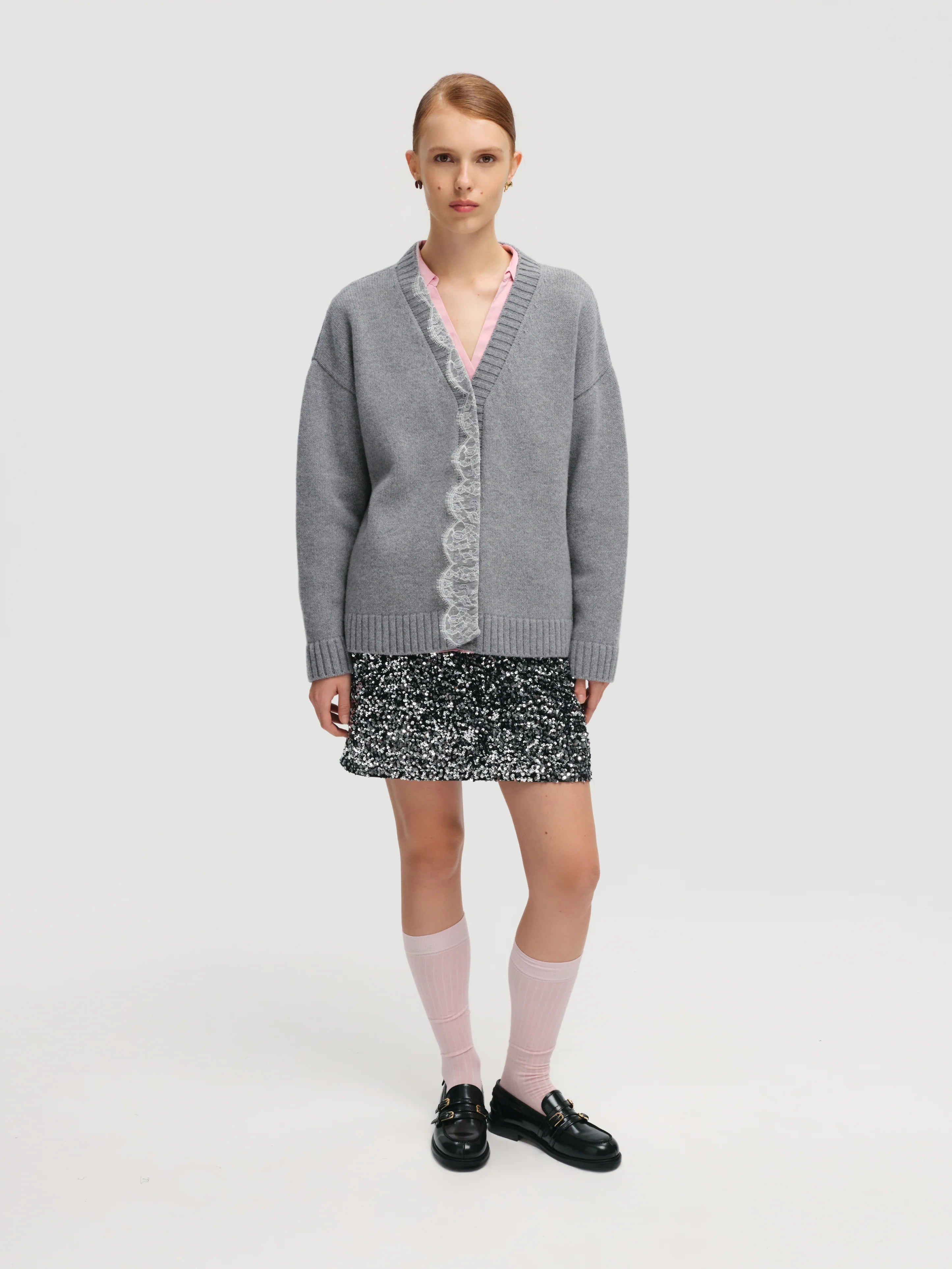 Lace-trimmed Cardigan - Grey