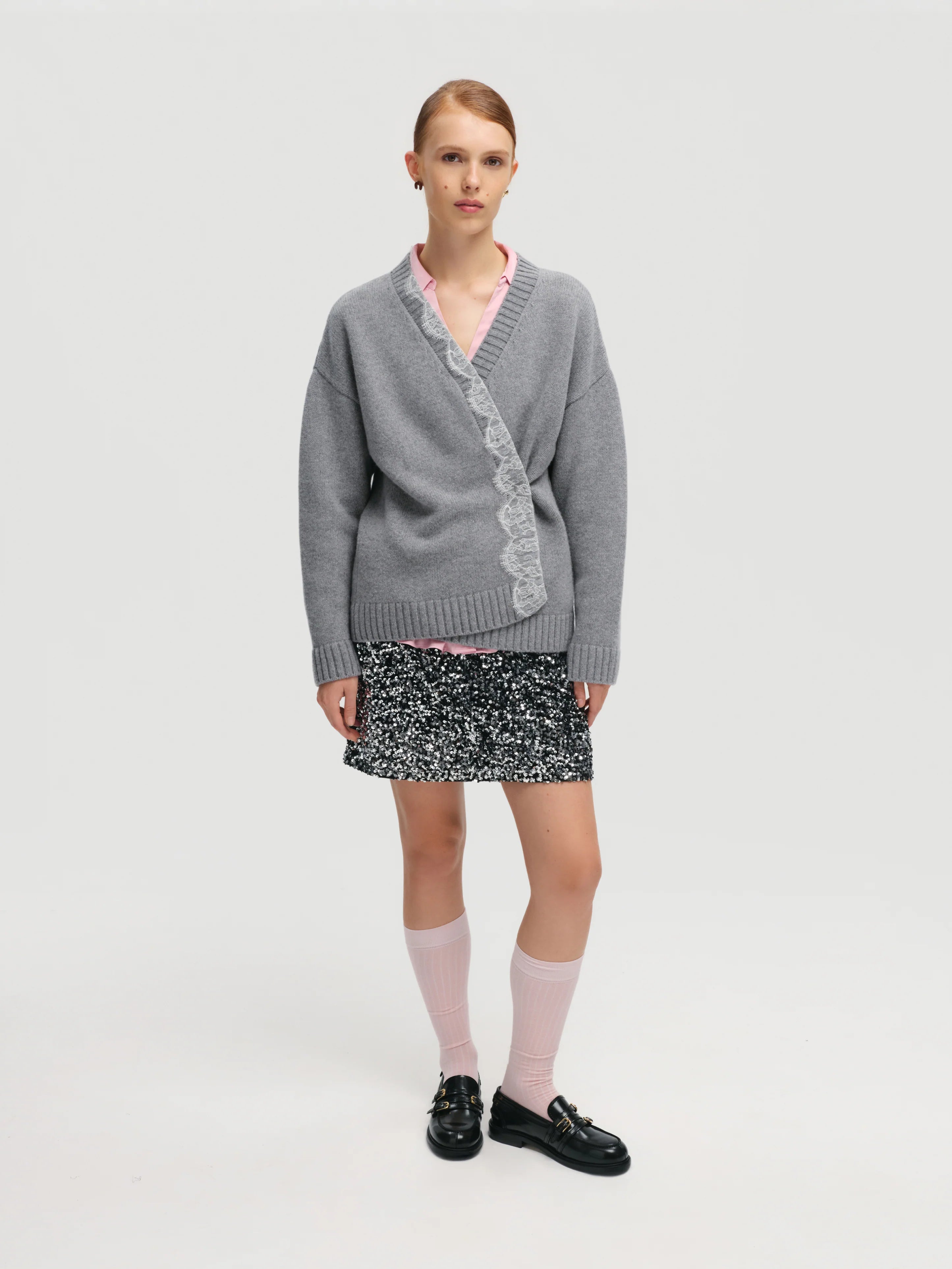 Lace-trimmed Cardigan - Grey